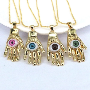 Hamsa Hand Evil Eye Pendant Necklace Gold Plated Copper Zircon Colorful Resin Bead Chain Bohemian Jewelry For Women
