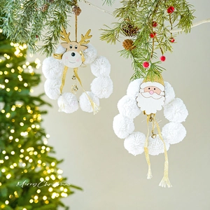 Christmas plush Santa and elk wreath ornament with white pompoms and golden bells decoration