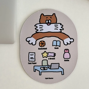 Detail view of oval mouse pad with purple background featuring cartoon cat and icons