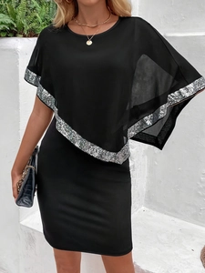 Elegant black layered chiffon dress for women with silver sequin trim and cape design