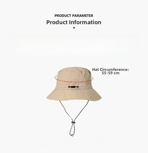 Detail view of khaki waterproof nylon bucket hat showing size guide and 55-59cm head circumference