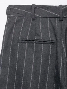 Detailed back view of dark gray pinstripe trousers showing waistband and rear pocket