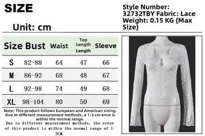 Size chart for deep V-neck lace top featuring measurements for chest, waist, and sleeves