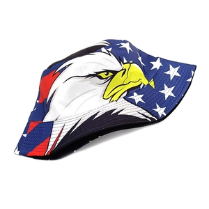 Detail of sun bucket hat featuring American eagle print and flag pattern on canvas