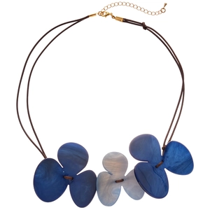 Three-petal floral pendant necklace with marble resin texture and brown cord strap
