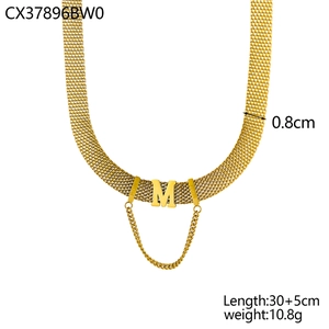 Detailed view of golden mesh choker featuring letter M pendant and size dimensions