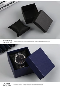 Detail of square textured paper watch boxes in black and blue with soft interior sponge