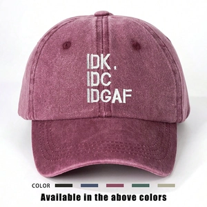 Adjustable washed cotton baseball cap in dark red with IDK IDC IDGAF embroidery detail