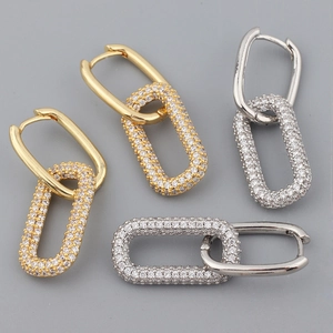 Geometric Oval Hoop Earrings Elegant Gold Plated Copper Micro Pave Cubic Zirconia Minimalist Linked Dangle For Women