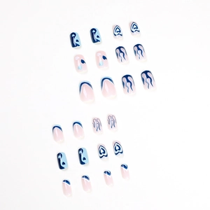 Blue flame and heart pattern press-on nails set with sky blue and white matte finish