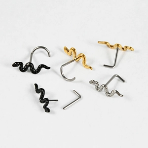 Set de piercings de nez serpent en titane G23 noir, doré et argenté avec tiges en L
