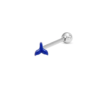 Macro detail of blue mermaid tail tongue ring made of polished stainless steel