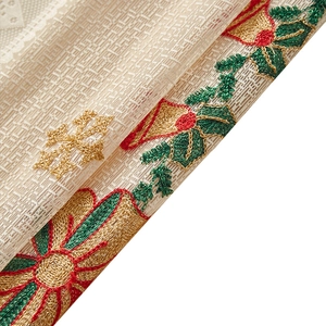 Beige plaid Christmas curtain with red berries and golden bell embroidery detail