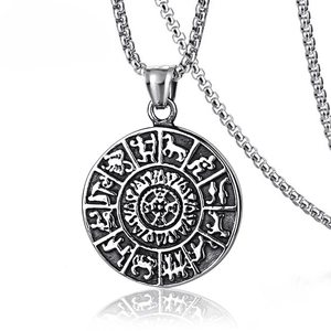 Vintage silver zodiac double-sided circular pendant necklace in stainless steel