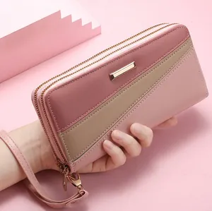 Women Long Wallet PU Leather Color Block Double Zipper With Wristlet Strap Elegant Handbag Clutch Purse