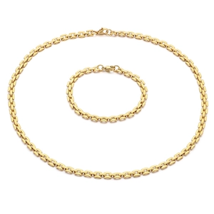 Fashionable gold 5mm hollow square link necklace and bracelet set on white background