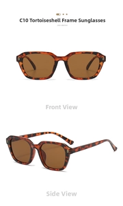 Detailed front and side views of tortoise shell square frame sunglasses with tea lenses