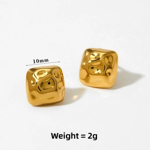 Detailed view of 10mm golden square earrings with unique hammered metal texture