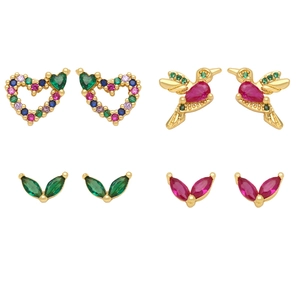 Colorful Zircon Stud Earrings Copper Gold Plated Heart Hummingbird Leaf Shape Fashion Jewelry For Women