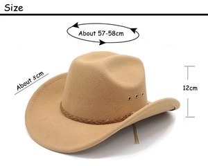 Size guide for khaki felt cowboy hat showing 58cm circumference and 8cm brim width