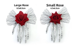 Gothic skull hand hair clip with red rose lace detailing in two sizes 8.5cm and 6.5cm