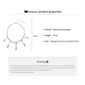 Detailed size specifications for pink teardrop zircon tassel necklace in silver alloy