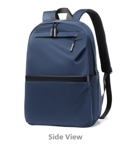 Side view of dark blue water-resistant laptop backpack with padded breathable straps