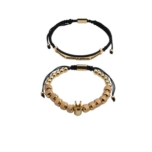 Set bracciale uomo con corona e perline e cordino nero con numeri romani in oro