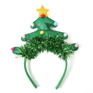 Christmas tree headband with green sequins, colorful pom-poms and a gold star top