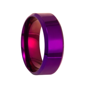 Polished purple stainless steel ring with double beveled edges on white background