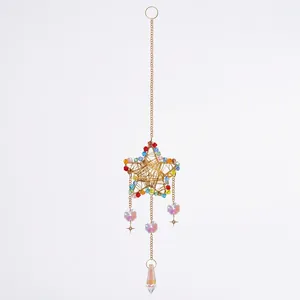Colorful crystal star pendant with golden wire wrap and teardrop crystal prism decoration
