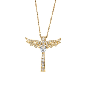 Gold plated angel wing cross necklace with heart cubic zirconia center and fine chain