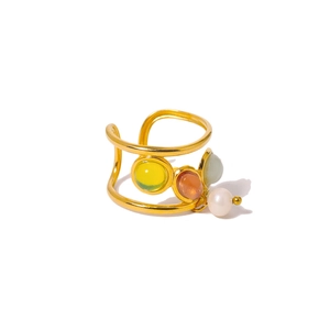 Minimalist gold stainless steel ring featuring three colorful gemstones and a pearl pendant