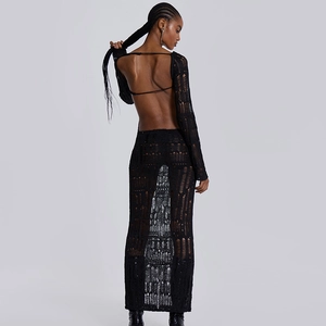 Detailed back view of sexy hollow-out long sleeve knit maxi dress with open back design
