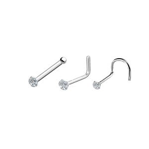 Three-piece titanium steel nose studs set featuring mini zircon in straight, L-shape, and spiral