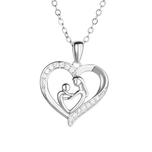 Silver heart necklace with mother and child silhouette and sparkling zircons