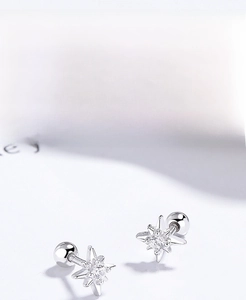 Detail of S925 sterling silver star stud with zircon and screw back closure