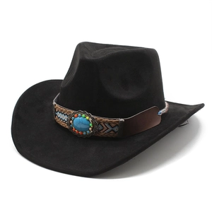 Western Cowboy Hat Suede Fabric Wide Brim Turquoise Ethnic Woven Band Retro Bohemian Fedora For Men Women