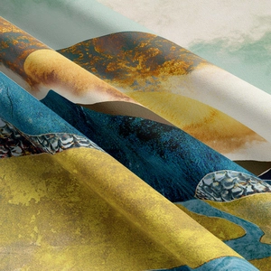 Detailed close-up of high-quality fabric texture on an abstract mountain tapestry