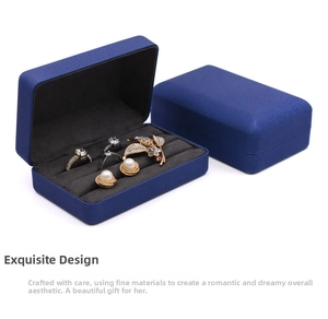 Detail of navy blue velvet jewelry box with ring slots and soft gray velvet lining