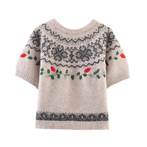 Oatmeal knit short sleeve sweater with Fair Isle jacquard and floral embroidery details