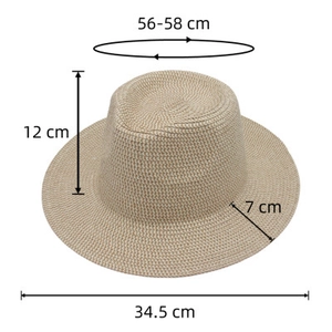 Detailed size chart for beige straw Panama hat with measurements 56-58cm and 12cm height