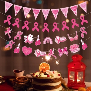 Pink Breast Cancer awareness party banner with ribbons, heart motifs and Hope text