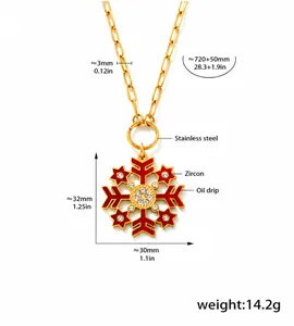 Detailed size chart for red oil drip snowflake pendant with zircon on stainless steel chain
