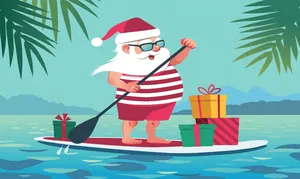 Close-up of non-slip Christmas doormat with surfing Santa and tropical palm leaf texture