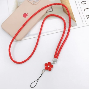 Red braided PU leather phone lanyard with camellia pendant and metal clasp accessory