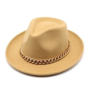 Classic khaki wool fedora hat with a stylish thick gold chain trim on a plain background