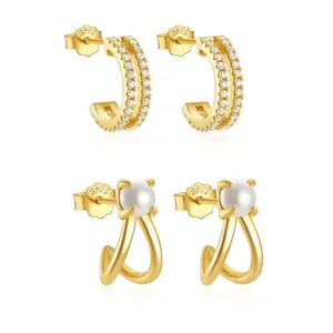 C-Shaped Hoop Earrings Artificial Pearl Studs With 925 Sterling Silver Earring Post Double Row Zirconia Elegant Fashion Jewelry