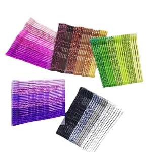 Five sets of colorful glitter hairpins in pink, gold, green, purple and silver tones