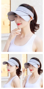 Detail view of the wide retractable brim and SPORT embroidery on light grey sun visor